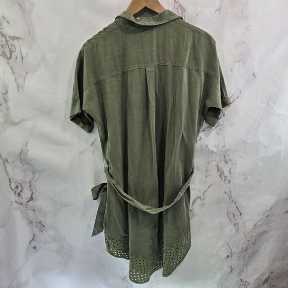 Desigual Dress Women Small Green Army Embroidered Shirt Tie Floral Military Boho - Picture 5 of 12